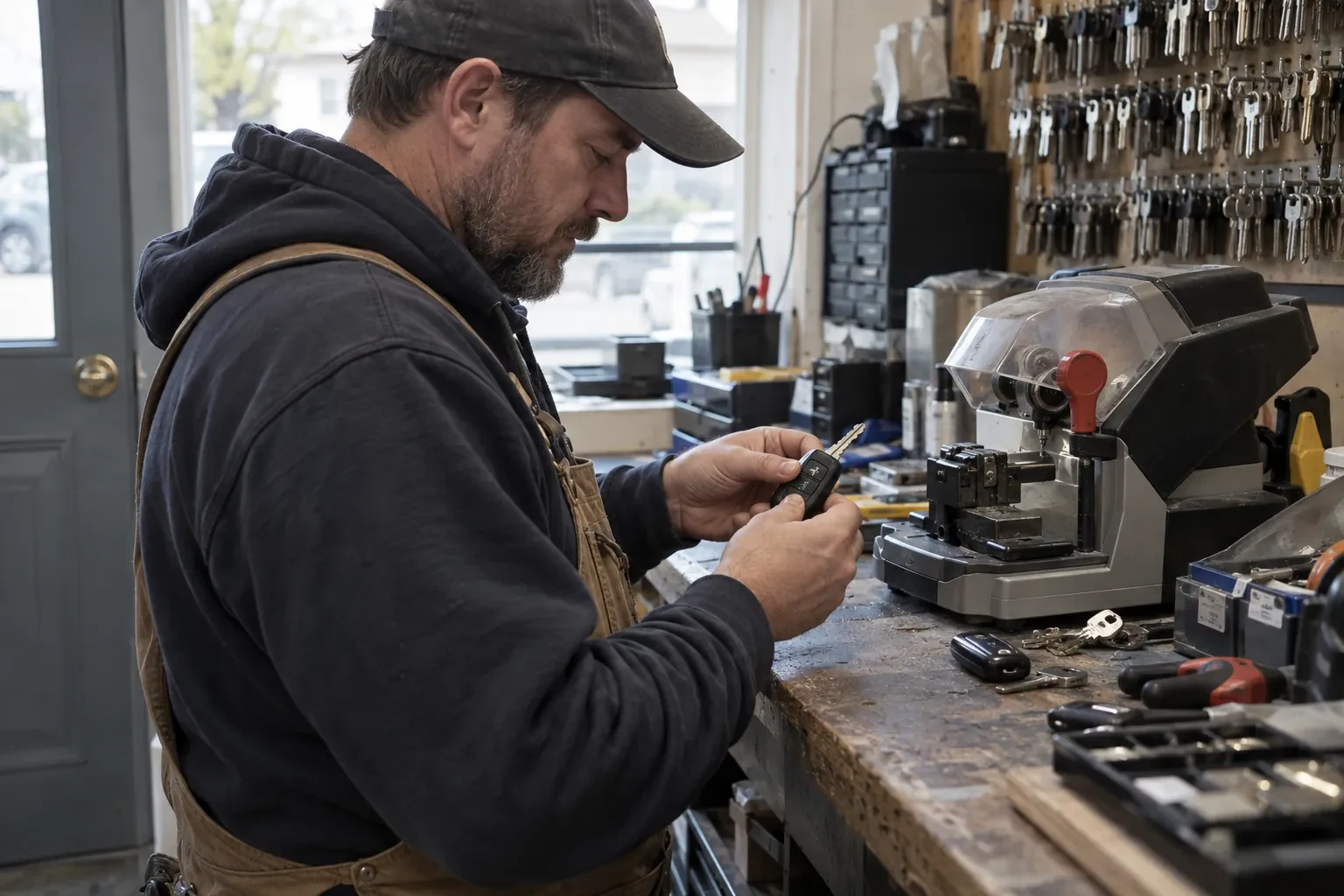 Person in an apron holding a car key fob beside a key-cutting machine, with rows of key blanks on the wall. — Westmount