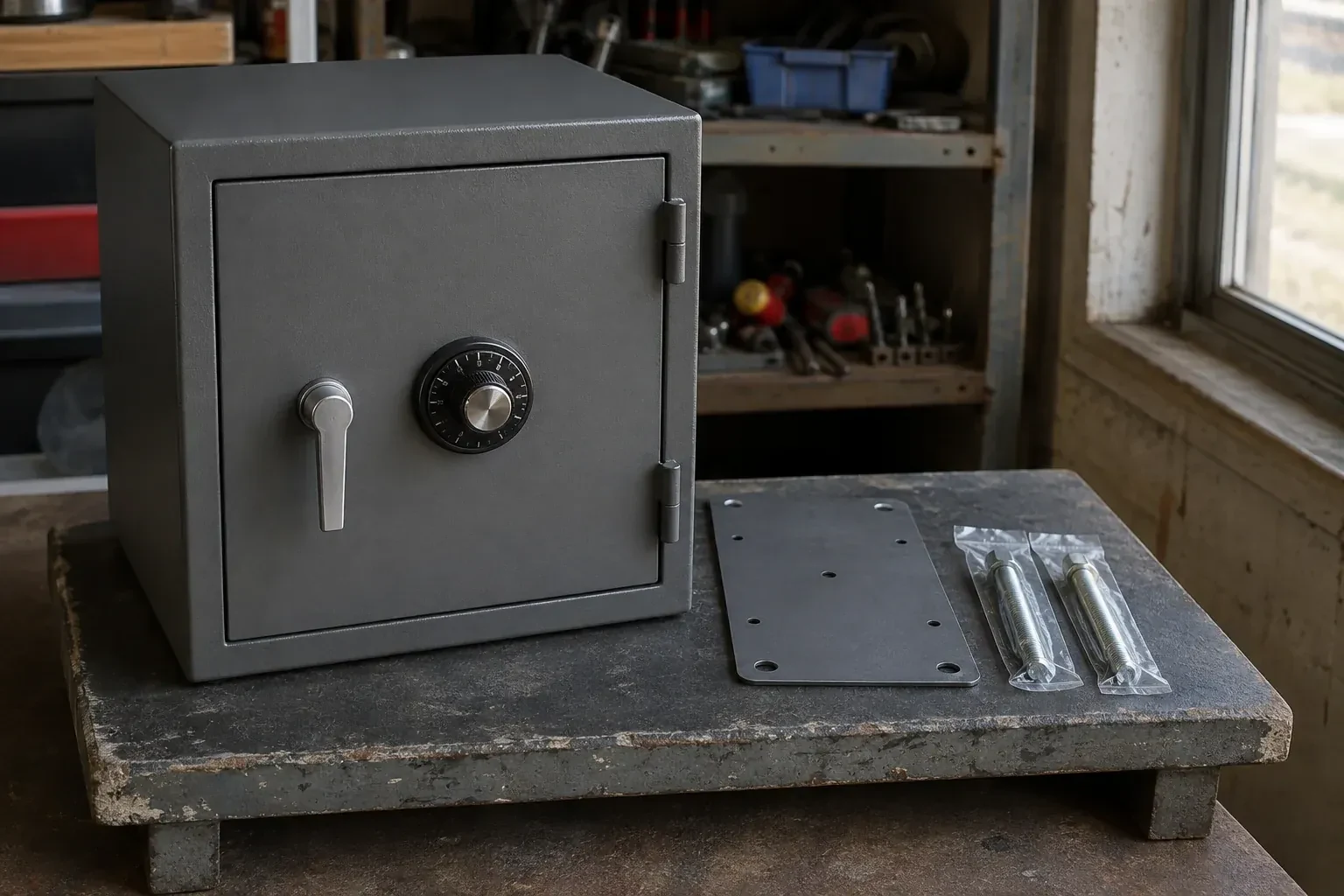 Closed small safe beside a metal plate and packaged fasteners on a workshop bench. — Safe Installation & Servicing, Toronto