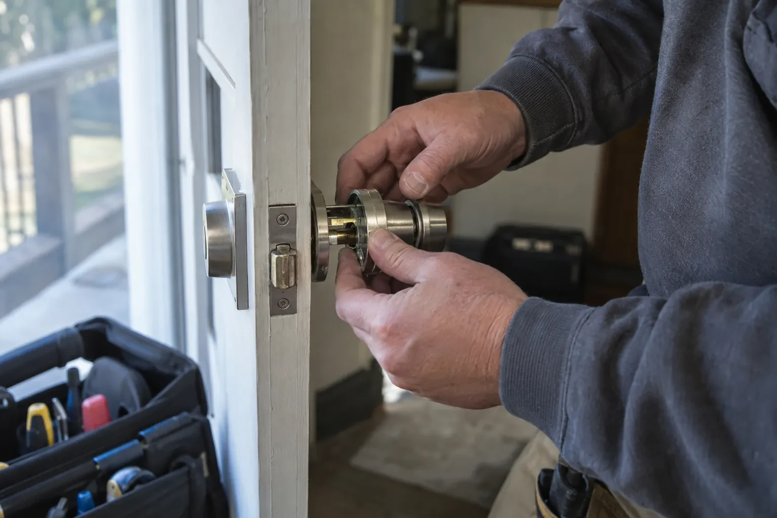 Hands holding a disassembled steel knob at the latch edge of a white door beside a deadbolt and an open tool bag. — Pine Point