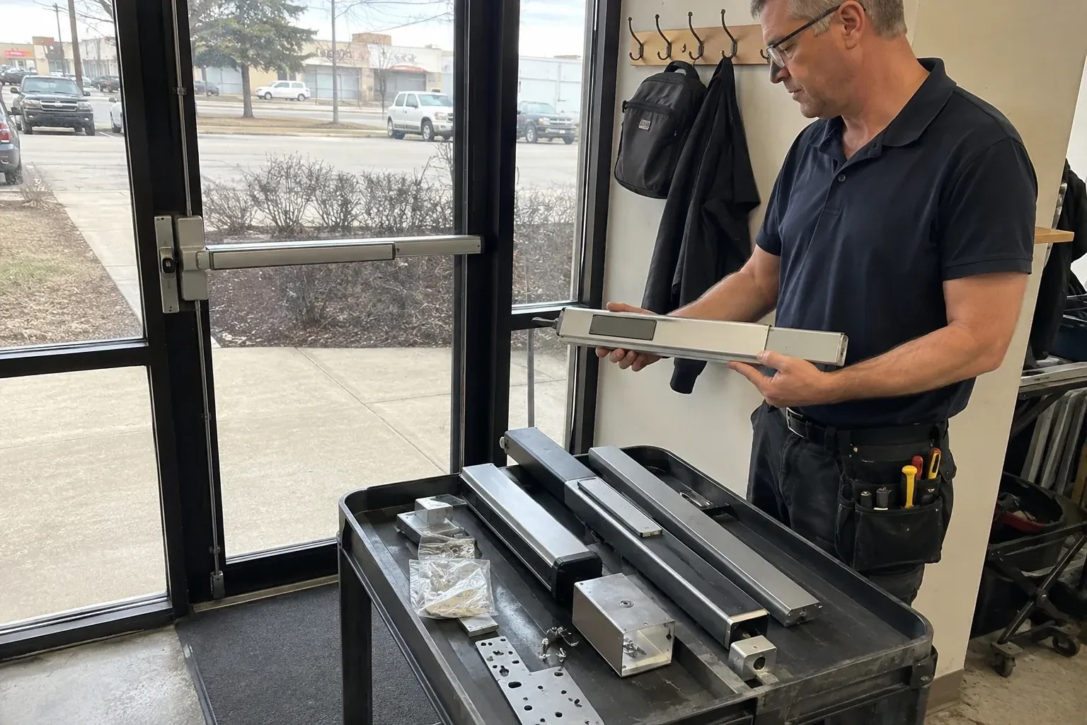 Person holding a long metal door-hardware assembly beside a cart of similar parts and a glass door fitted with a push bar. — Panic & Exit Hardware, Pine Point