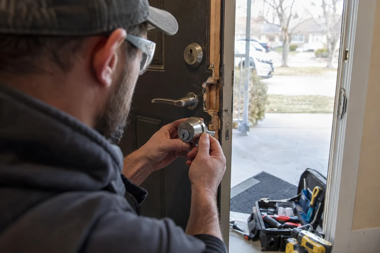 Technician in safety glasses holding a steel deadbolt with a keyway beside a splintered door edge and a tool case. — Martin Grove Gardens