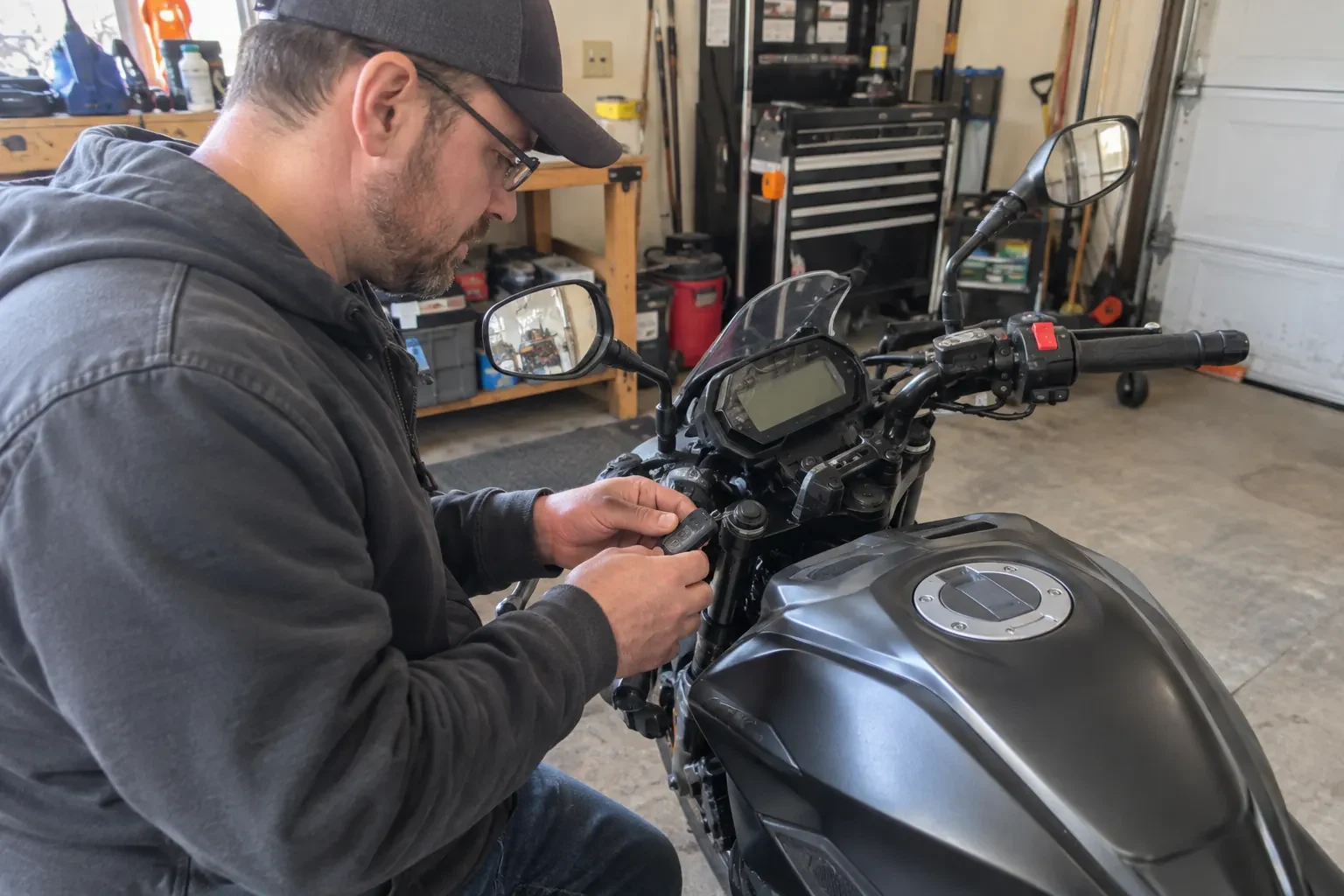 Technician in a cap and glasses holding a small key fob beside the dashboard of a black motorcycle in a garage. — Kingsview Village