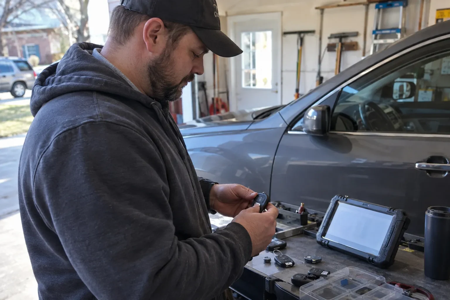 Technician holding a key fob over a metal workbench with a rugged tablet and loose fobs, beside a gray SUV.